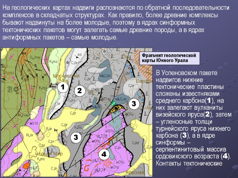 Фрагмент геологической карты Южного Урала В Успеновском пакете надвигов нижние тектонические пластины сложены известняками